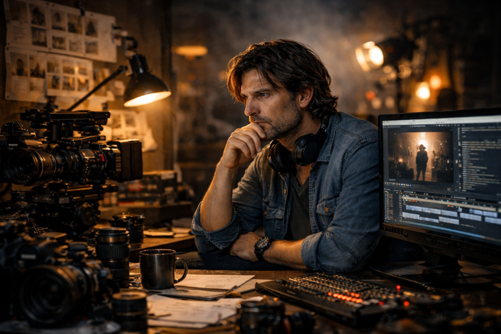 Cinematic filmmaker working late at night in a creative production studio surrounded by cameras, storyboards and editing monitors.