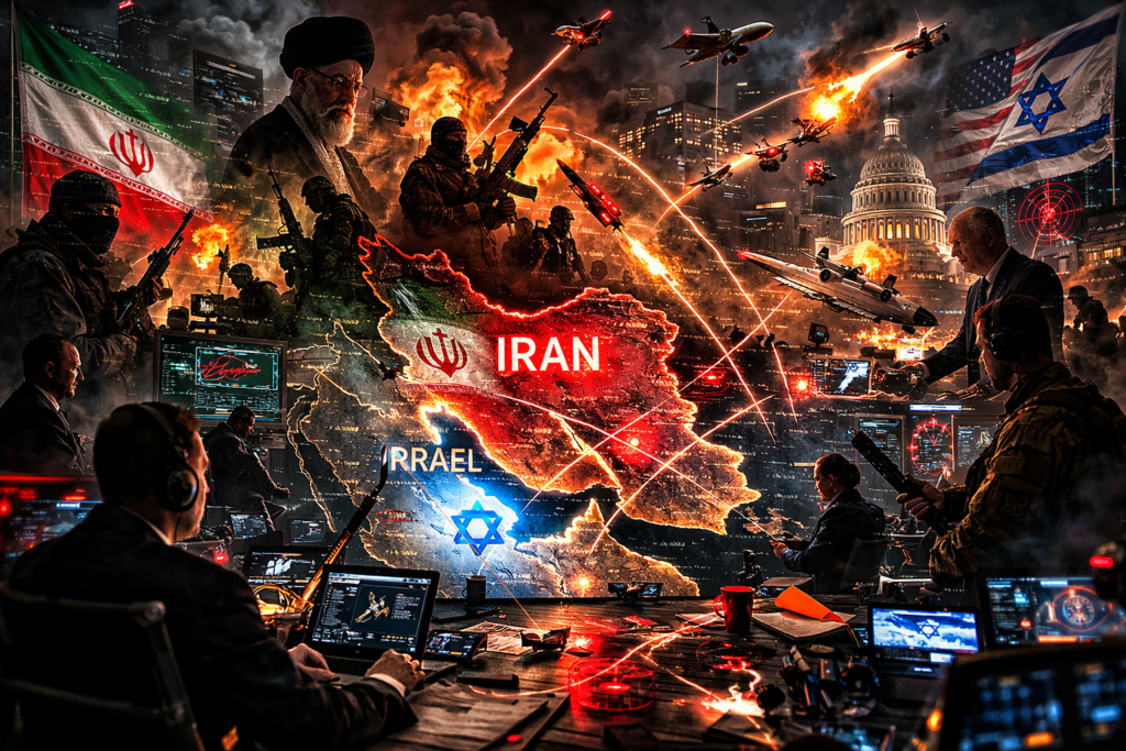 Iran proxy war concept showing Middle East conflict map with missile strikes, drones and intelligence war room between Iran and Israel.