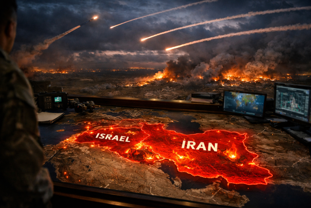 Iran–Israel war map glowing red with missiles in the sky and burning Middle East battlefield scene.